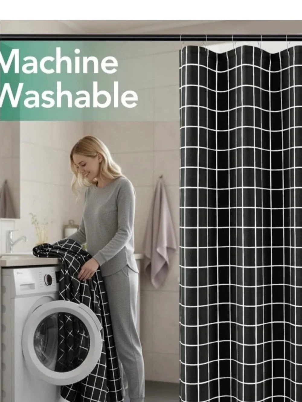 Black Grid Shower Curtain - Modern Check Pattern